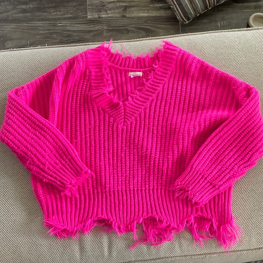 Main Strip Hot Pink Distressed Sweater in EUC.
